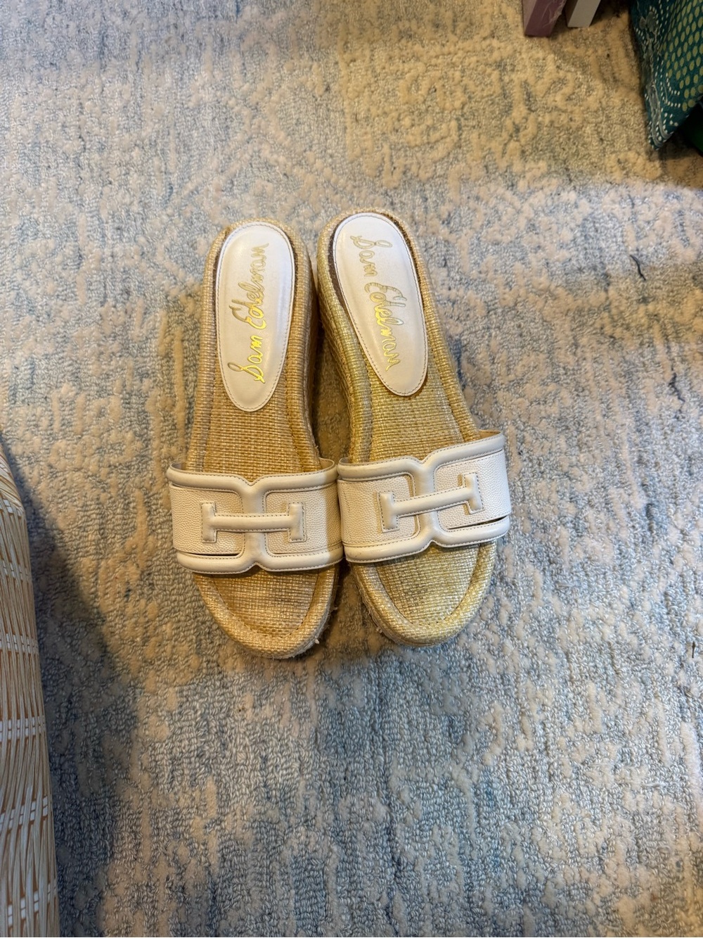 Sam Edelman Cream Leather Slide Mules with Woven Footbed